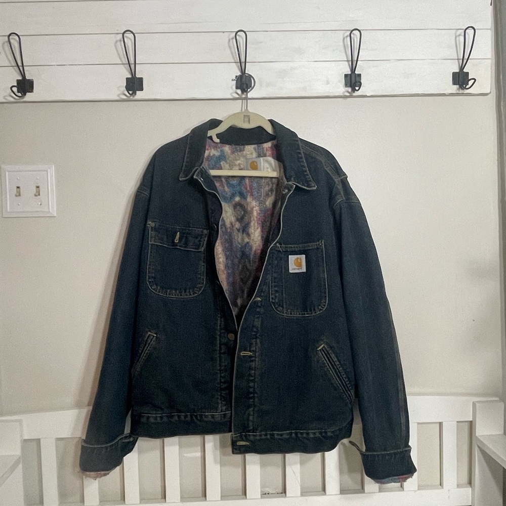 Vintage 90s Carhartt Aztec Blanket Lined Denim Button Up Jacket! Like New!